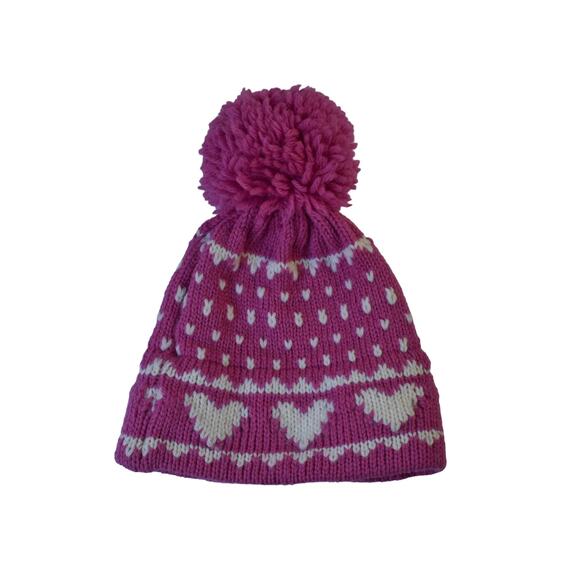 1980s Marceau Sports Pink & White Heart Pattern Winter Knit Pom Pom Winter Hat - Picture 1 of 5